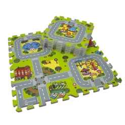 Puslespilgulv Med Vej Og By, 9 Fliser